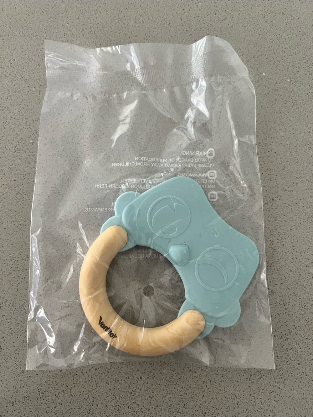 Baby Silicone Owl Teether with Wooden Ring - Light Blue